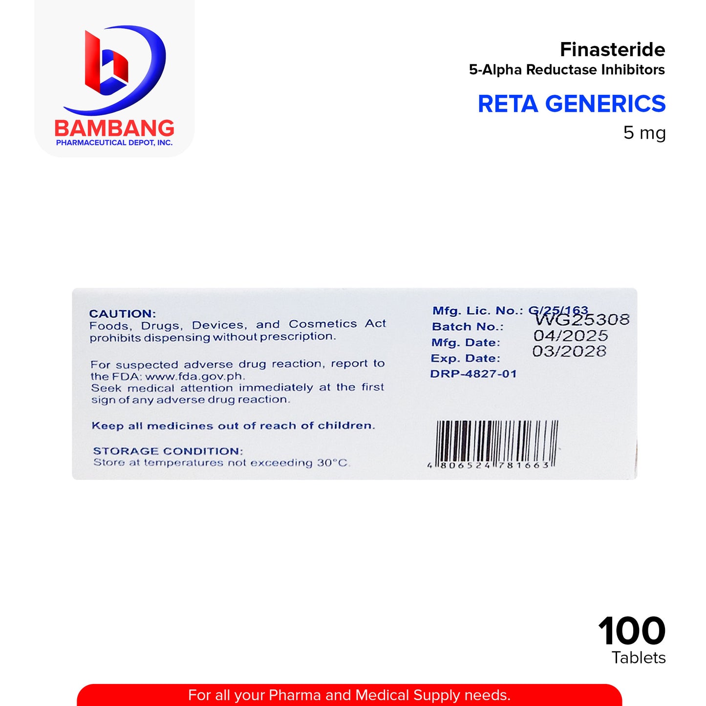 Reta Generics Finasteride 5-Alpha Reductase Inhibitors 5 mg Tablet 100's