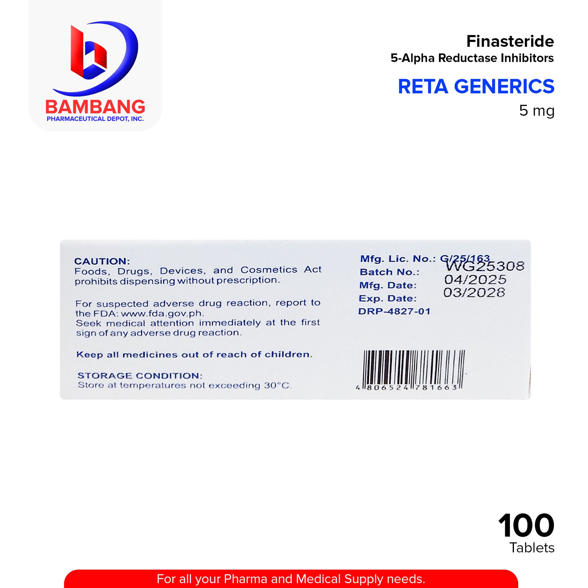 Reta Generics Finasteride 5-Alpha Reductase Inhibitors 5 mg Tablet 100's