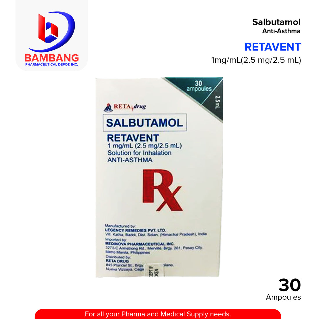 Retemol Inhaler RETAVENT Salbutamol 1mg/ml (2.5mg/2.5ml) Solution For Inhalation Anti ...