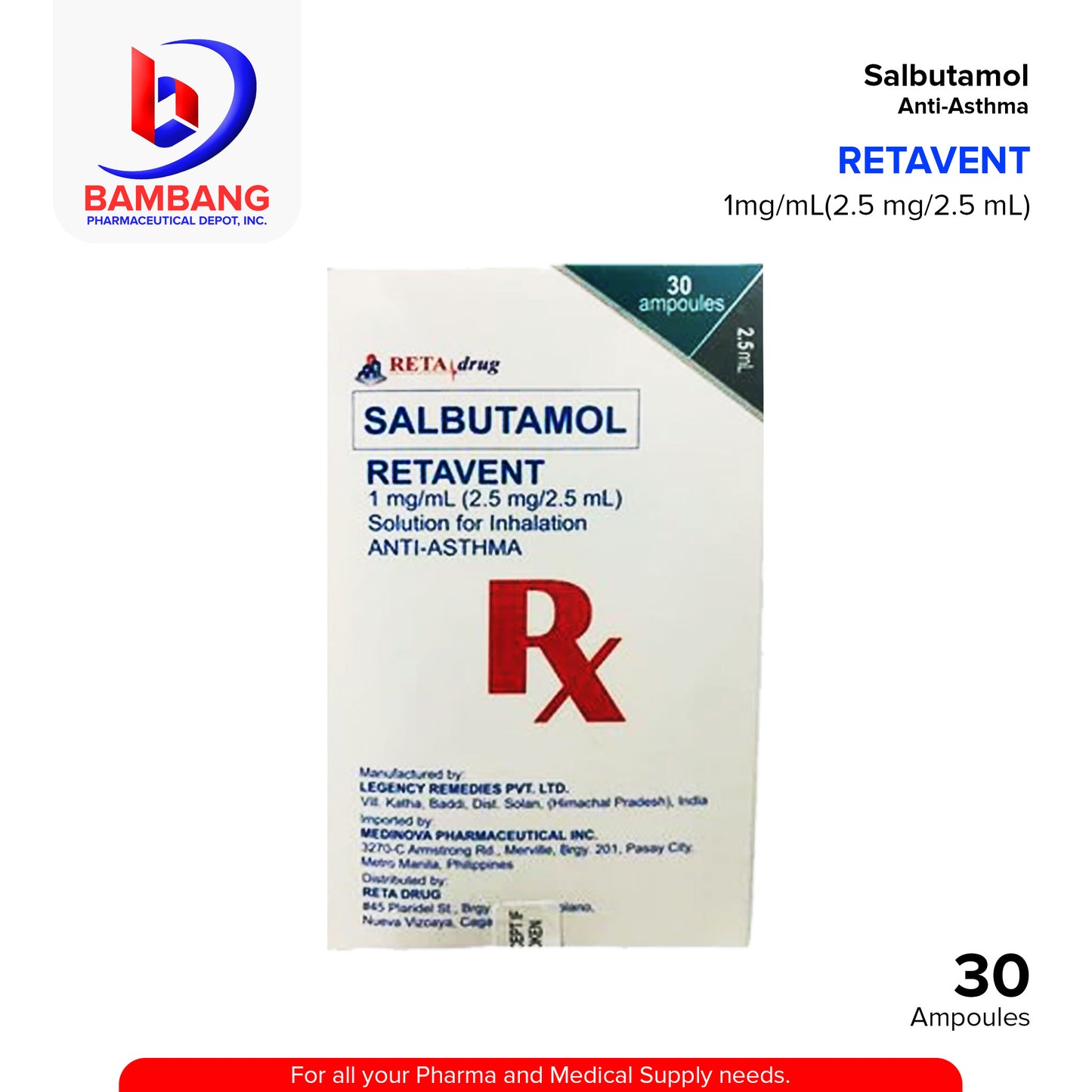 RETAVENT Salbutamol 1mg/ml (2.5mg/2.5ml) Solution For Inhalation Anti Asthma Ampoules 30's
