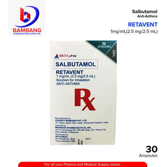 RETAVENT Salbutamol 1mg/ml (2.5mg/2.5ml) Solution For Inhalation Anti Asthma Ampoules 30's