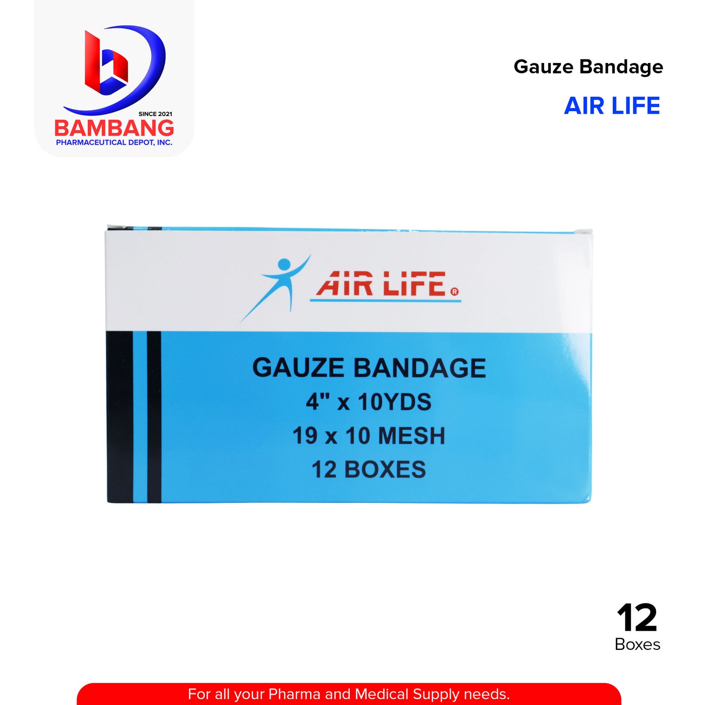 AIR LIFE Gauze Bandage 4" X 10 yards , 19 x 10 Mesh , 12 Boxes