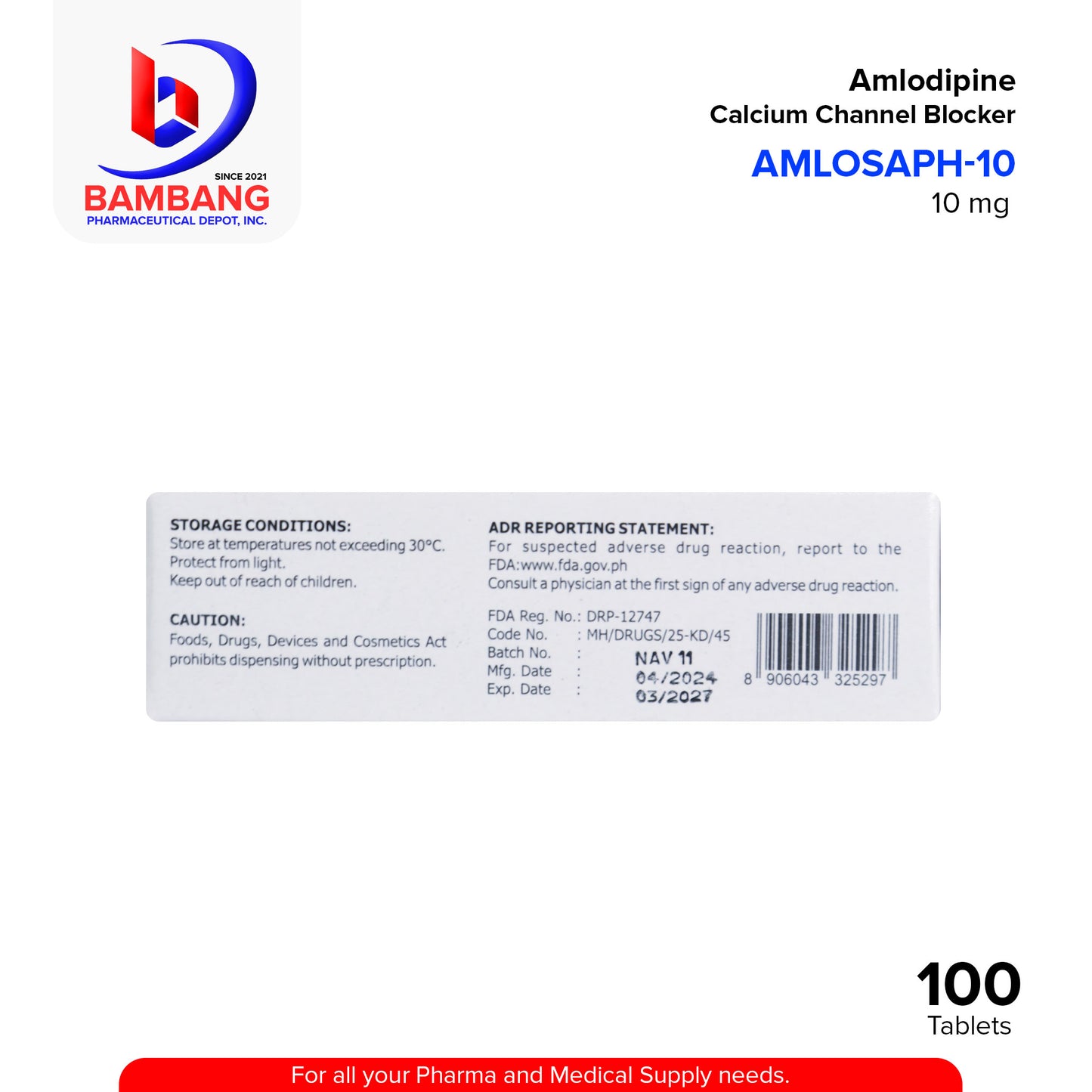 AMLOSAPH Amlodipine Calcium Channel Blocker 10mg Tablet 100's