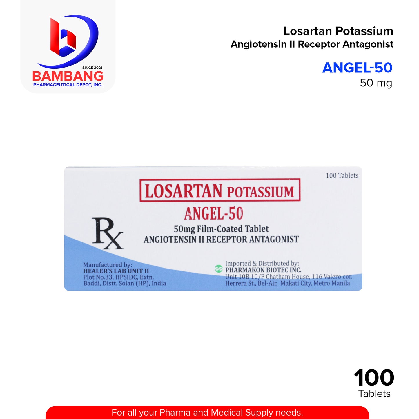 ANGEL 50 Losartan Potassium Angiostensin II Receptor Antagonist Tablet 100's