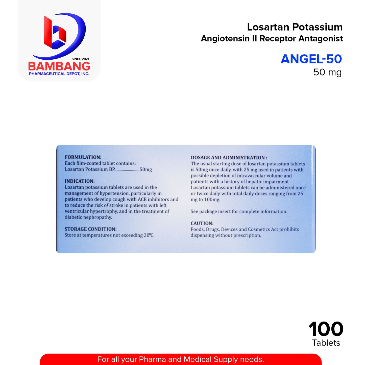 ANGEL 50 Losartan Potassium Angiostensin II Receptor Antagonist Tablet 100's