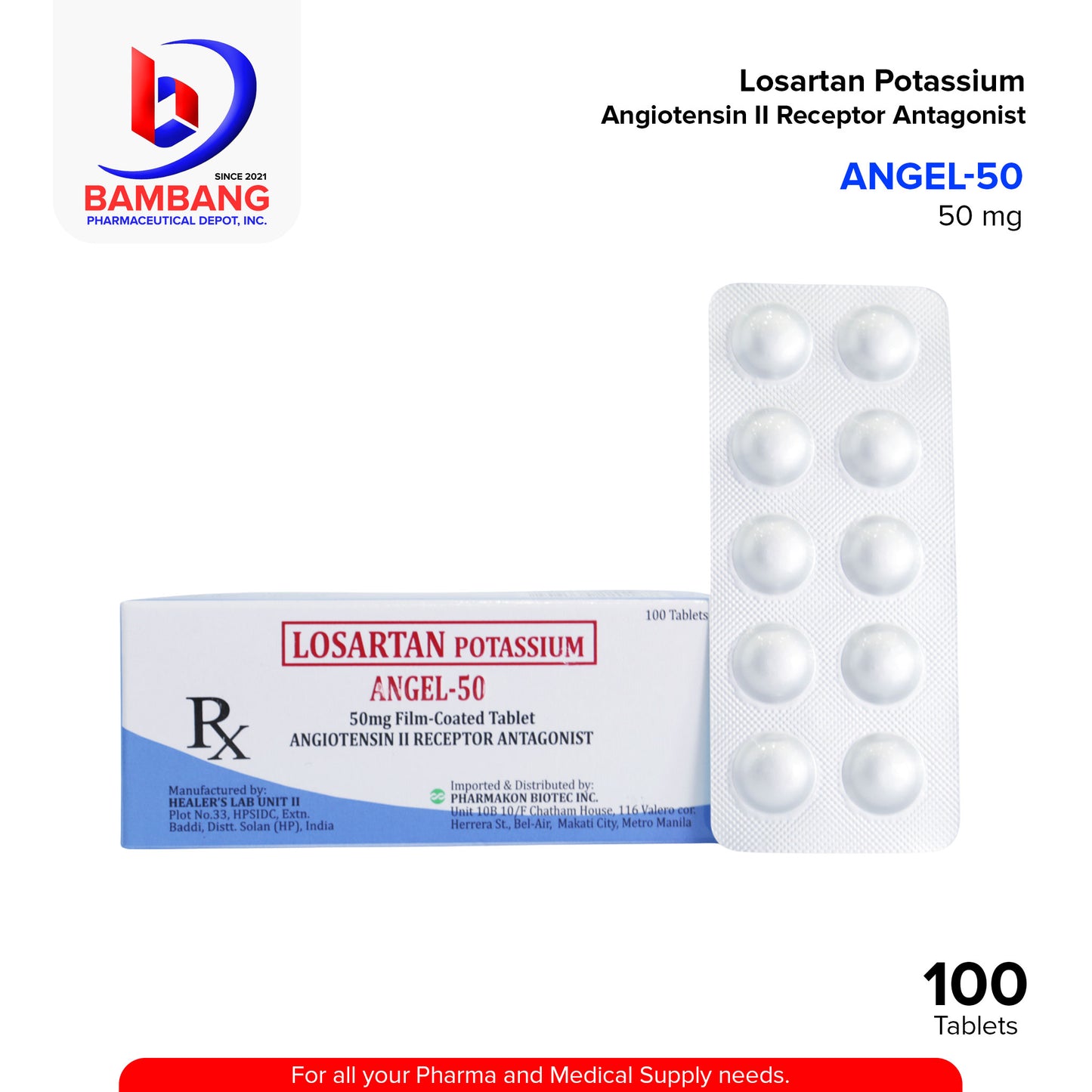 ANGEL 50 Losartan Potassium Angiostensin II Receptor Antagonist Tablet 100's