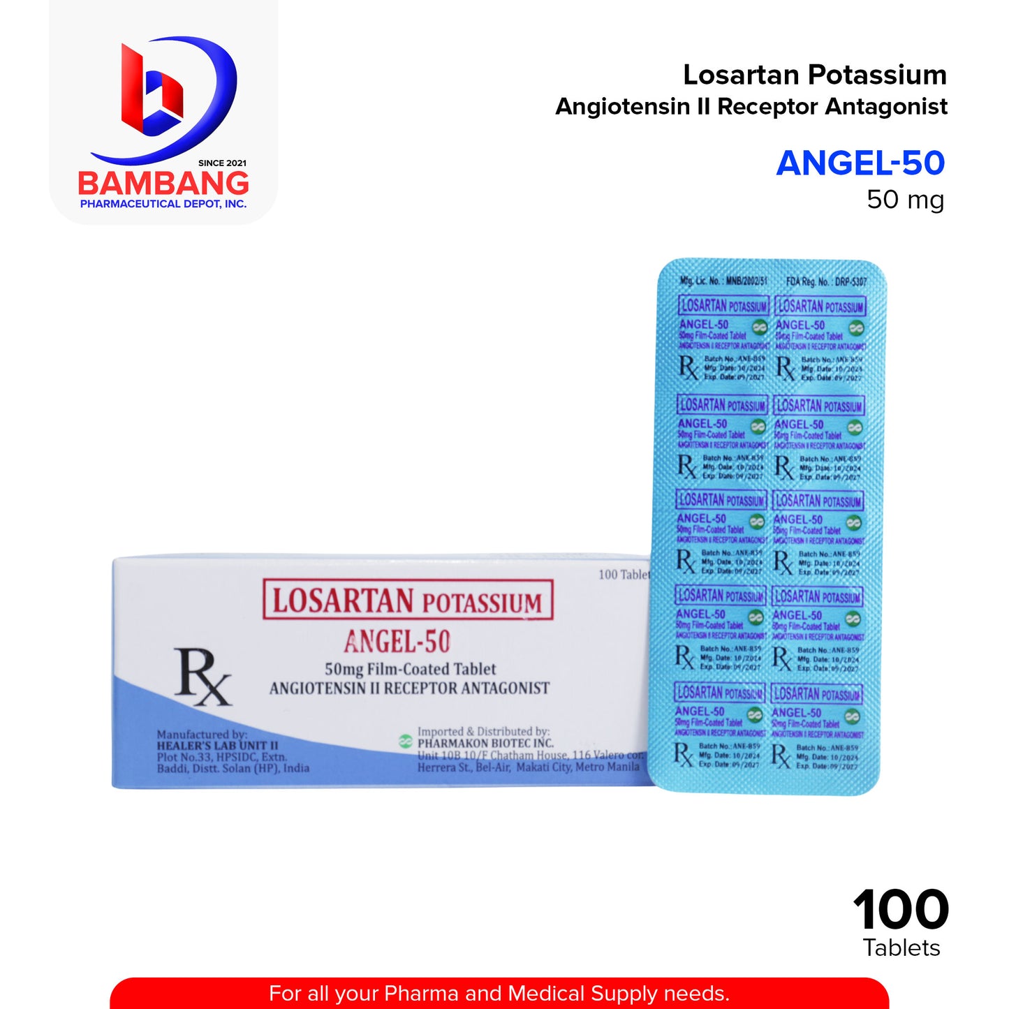 ANGEL 50 Losartan Potassium Angiostensin II Receptor Antagonist Tablet 100's