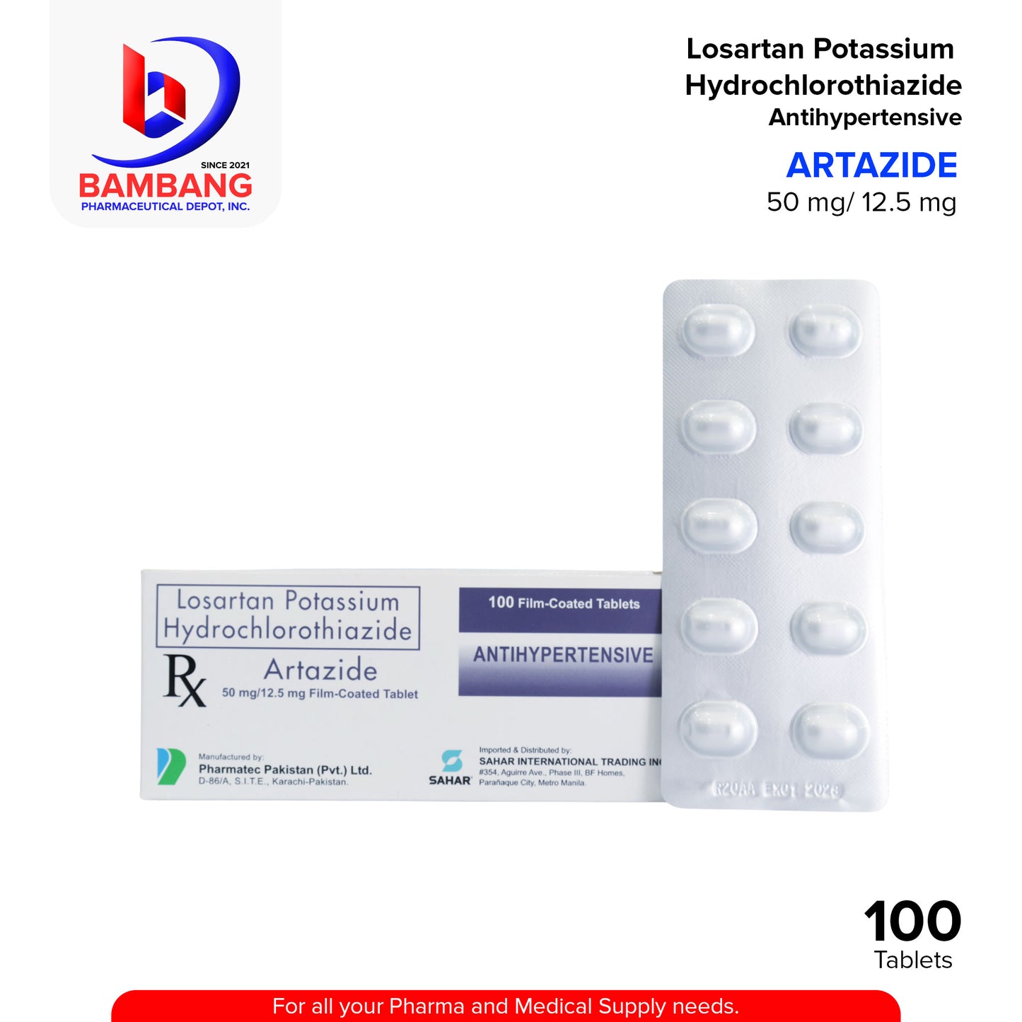 ARTAZIDE Losartan Potassium Hydrochlothiazide Antihypertensive 50 mg / 1.25 mg Film Coated Tablet 100's