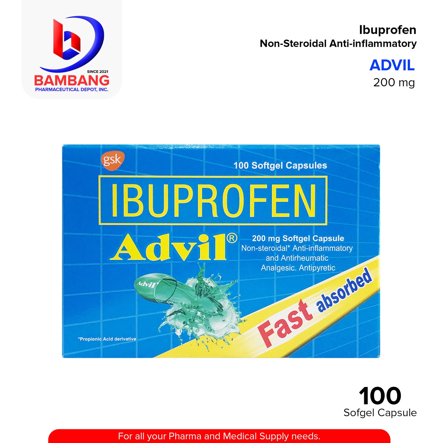 ADVIL Ibuprofen 200mg Non-Steroidal Anti-Inflammatory and Antirheumatic Analgesic Antipyretic Soft Gel Capsule 100's