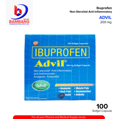 ADVIL Ibuprofen 200mg Non-Steroidal Anti-Inflammatory and Antirheumatic Analgesic Antipyretic Soft Gel Capsule 100's