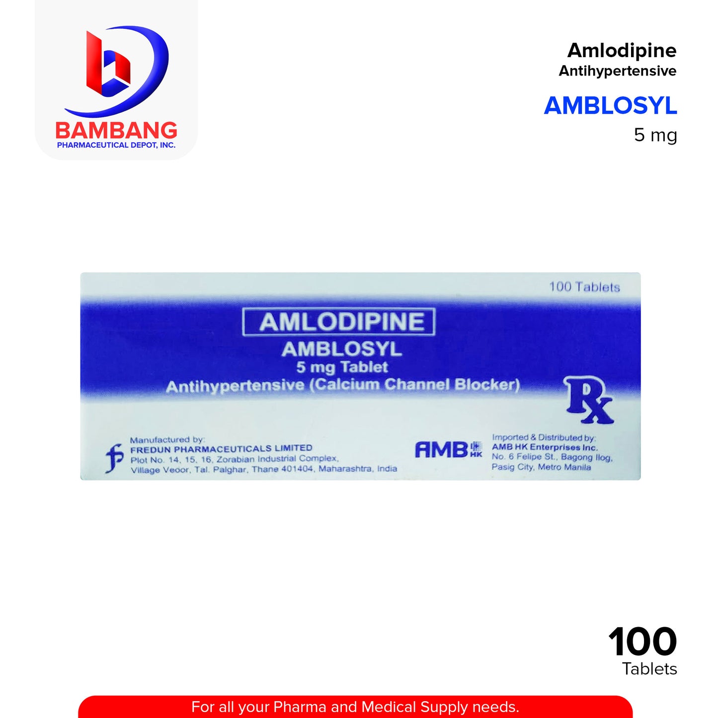 AMBLOSYL Amlodipine 5mg Antihypertensive Calcium Channel Blocker Tablet 100's