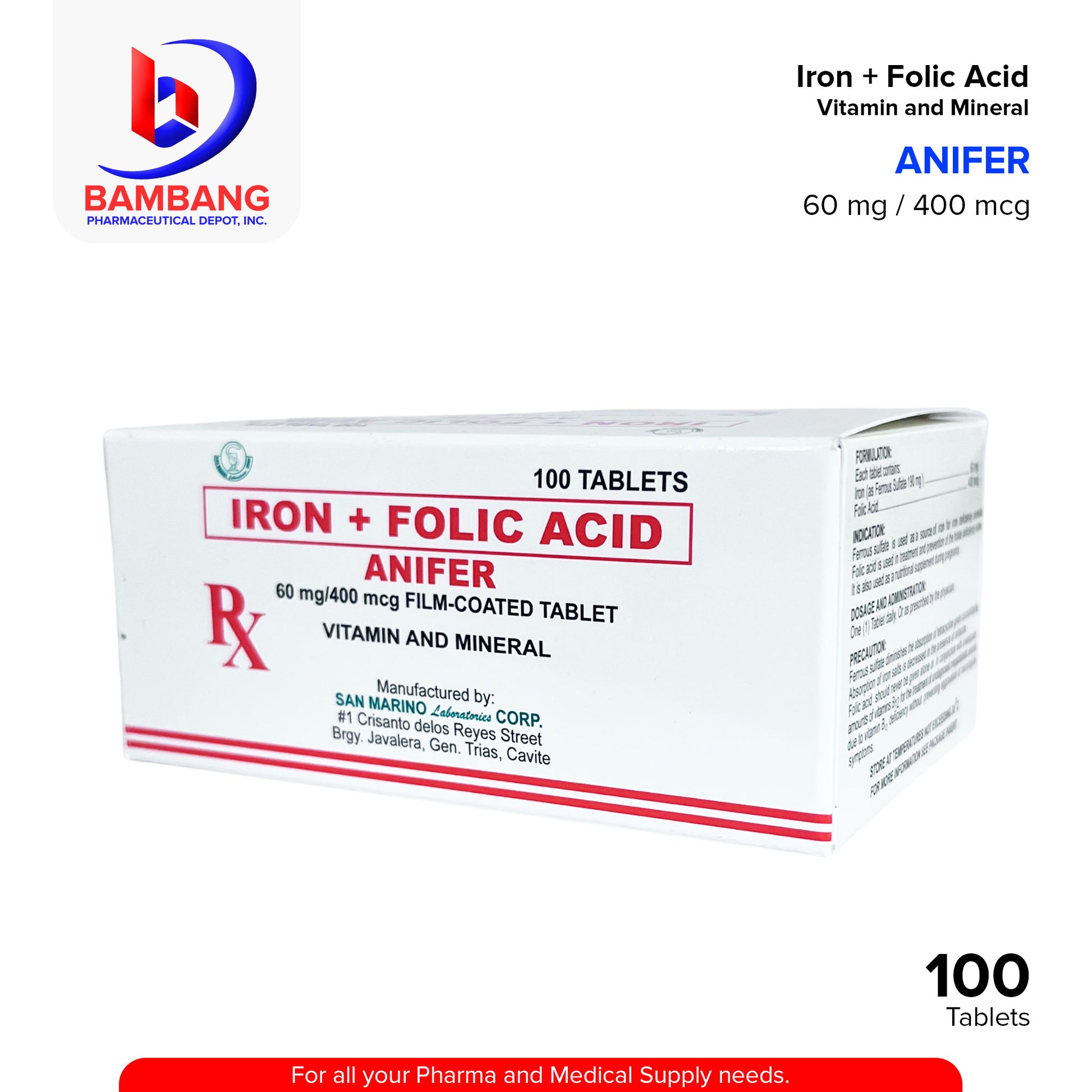 ANIFER Iron + Folic Acid Vitamin and Mineral 60 mg / 400 mcg Tablet 100's