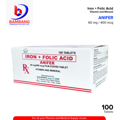 ANIFER Iron + Folic Acid Vitamin and Mineral 60 mg / 400 mcg Tablet 100's