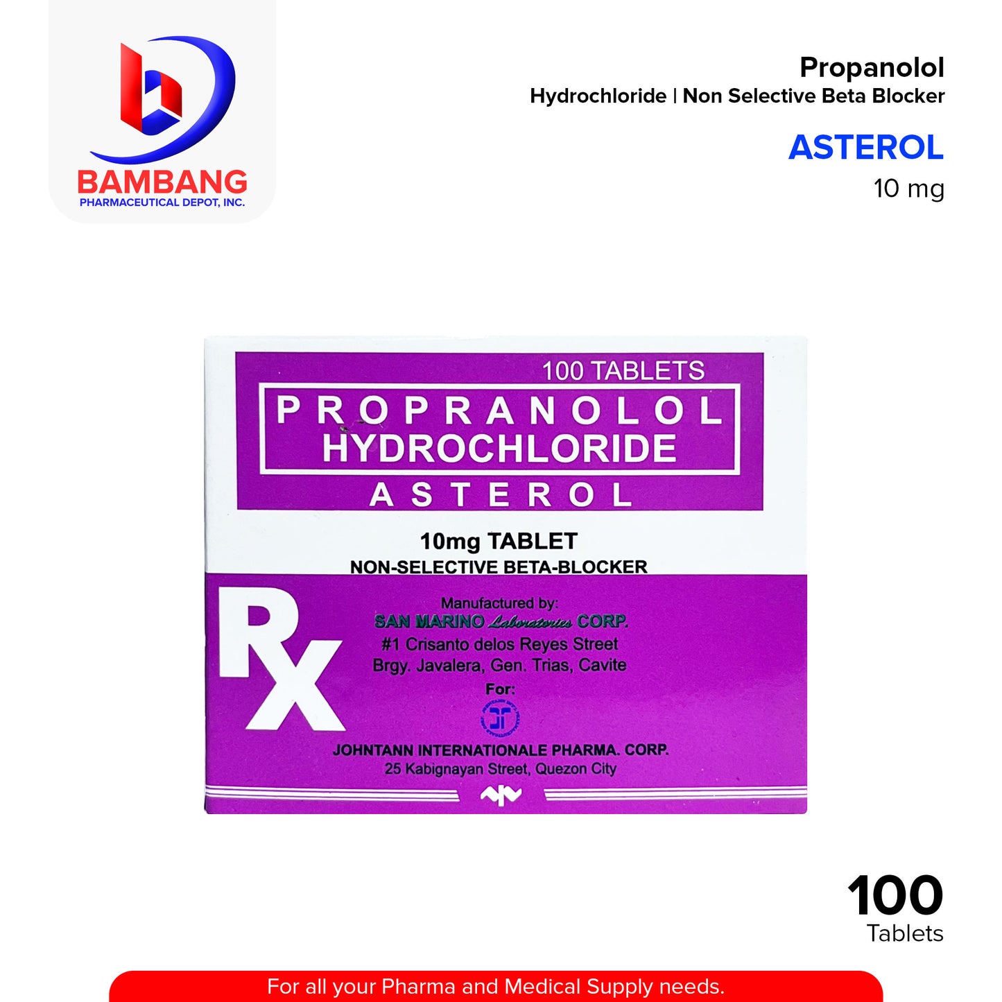 ASTEROL Propranolol Hydrochloride Non Selective Beta Blocker 10mg Table 100's