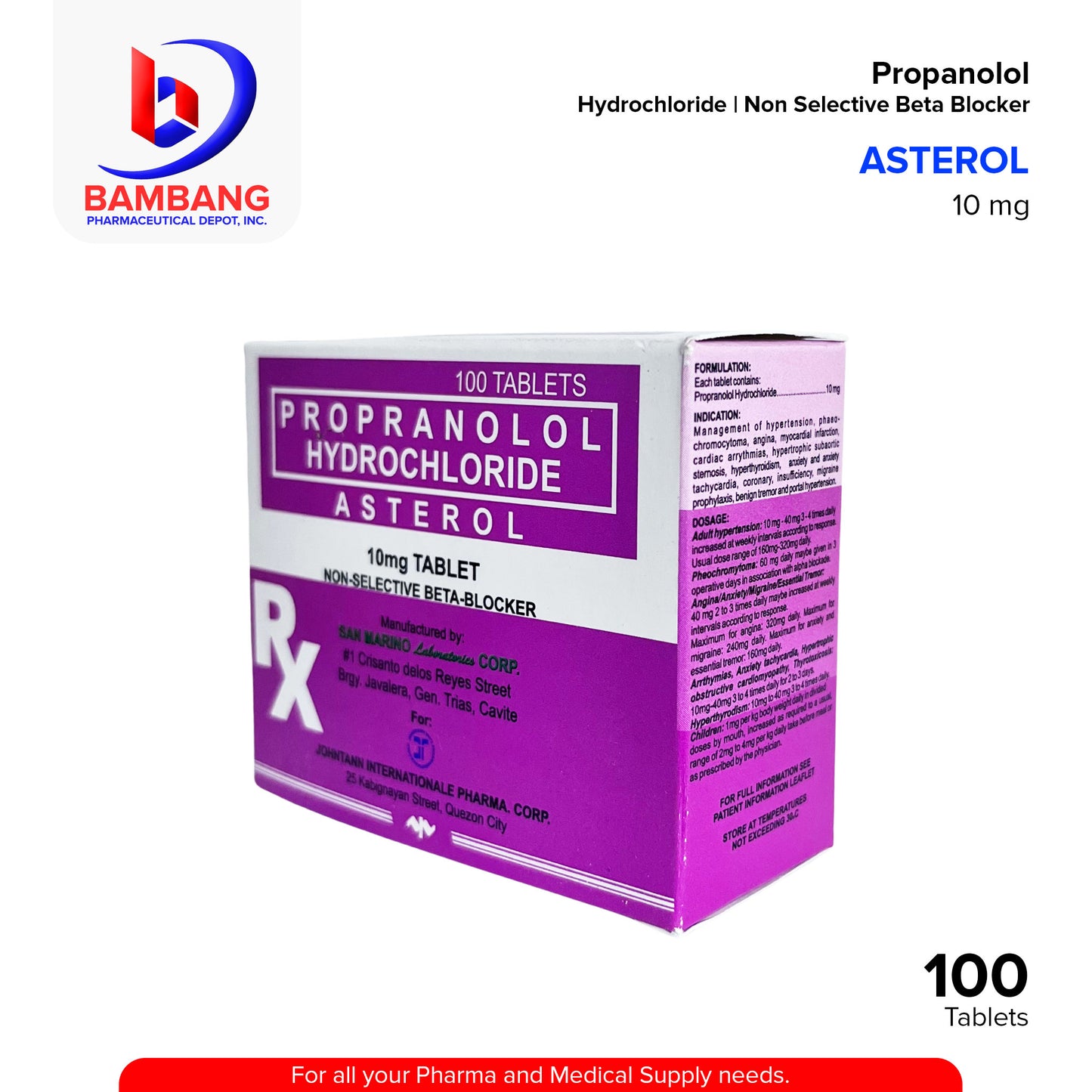 ASTEROL Propranolol Hydrochloride Non Selective Beta Blocker 10mg Table 100's