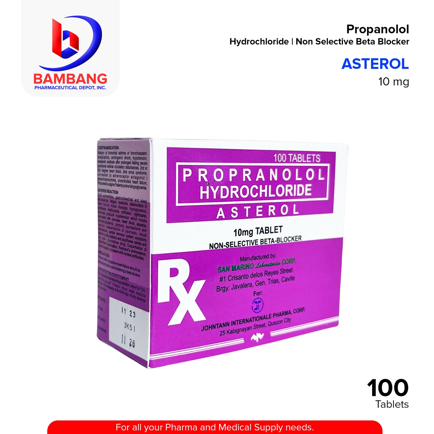 ASTEROL Propranolol Hydrochloride Non Selective Beta Blocker 10mg Table 100's