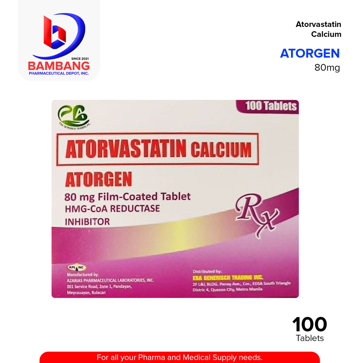 ATORGEN Atorvastatin Calcium 80mg Film Coated Tablet 100'
