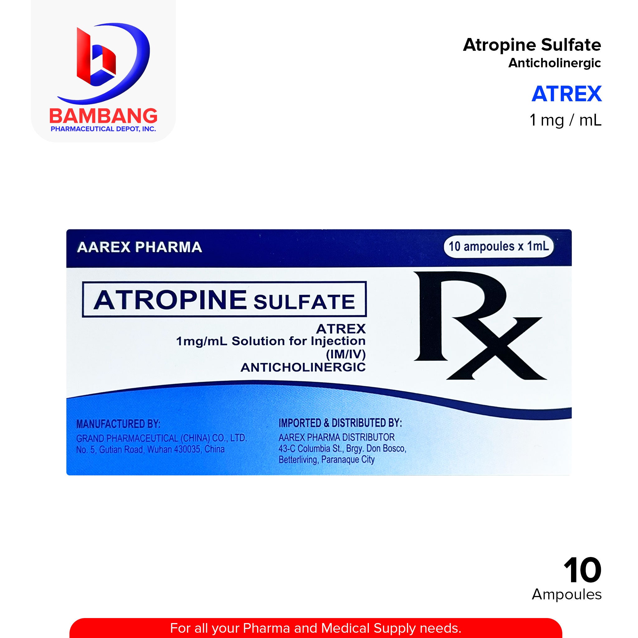 ATREX Atropine Sulfate Anticholinergic 1mg / mL Ampoules 10's – Bambang ...