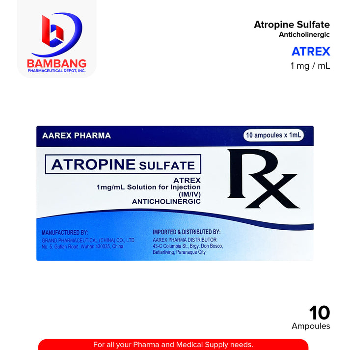 ATREX Atropine Sulfate Anticholinergic 1mg / mL Ampoules 10's – Bambang ...