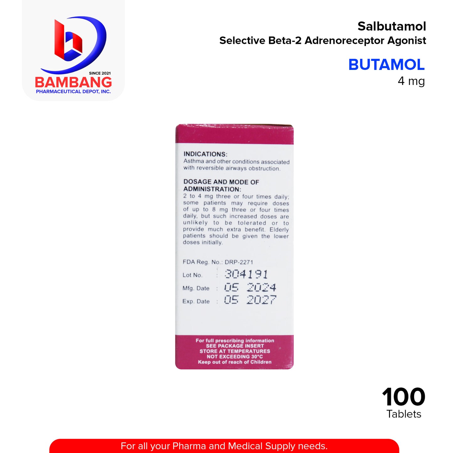 BUTAMOL Salbutamol Selective Beta 2 Adrenoreceptor Agonist 4 mg Tablet 100's