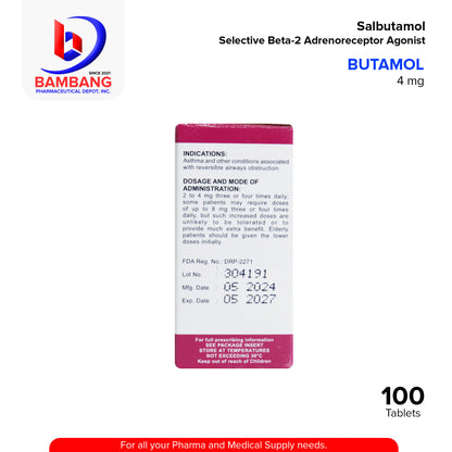 BUTAMOL Salbutamol Selective Beta 2 Adrenoreceptor Agonist 4 mg Tablet 100's
