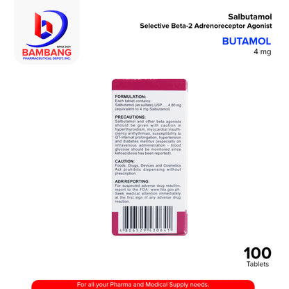 BUTAMOL Salbutamol Selective Beta 2 Adrenoreceptor Agonist 4 mg Tablet 100's