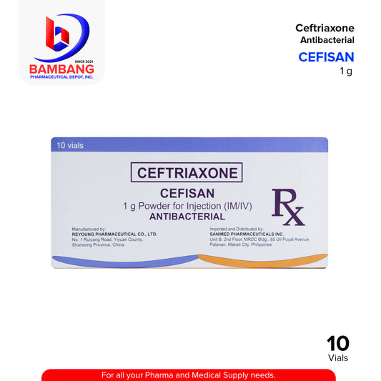 CEFISAN Ceftriaxone Antibacterial 1g Powder for Injection (IM / IV) Vials 10's