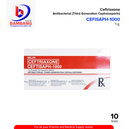 CEFTISAPH-1000 Ceftriaxone Antibacterial Third Generation Cephalosporin 1g Powder for Injection (IM/IV) Vials 10's