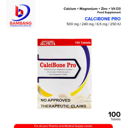 CALCIBONE PRO Calcium 500mg + Magnesium 240 mg + Zinc 6.5 mg + Vitamin D3 250 IU Food Supplement Tablet 100's