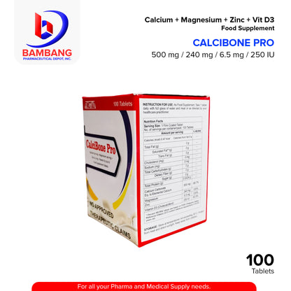 CALCIBONE PRO Calcium 500mg + Magnesium 240 mg + Zinc 6.5 mg + Vitamin D3 250 IU Food Supplement Tablet 100's