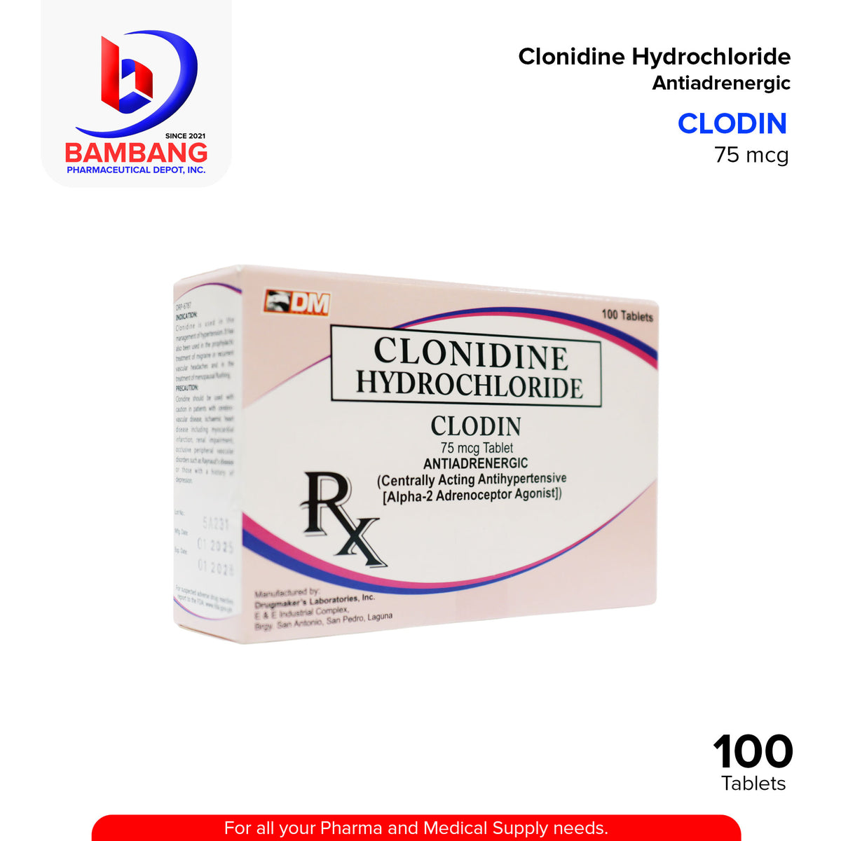 CLODIN Clonidine Hydrochloride Antiadrenergic 75mcg Tablet 100's ...