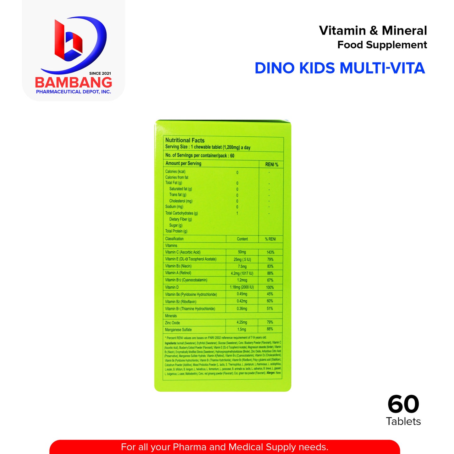 DINO KIDS Multi-Vita 11 Kinds of Vitamin & Mineral Balance Food Supplement Blueberry Flavored Chewable Tablet 60's