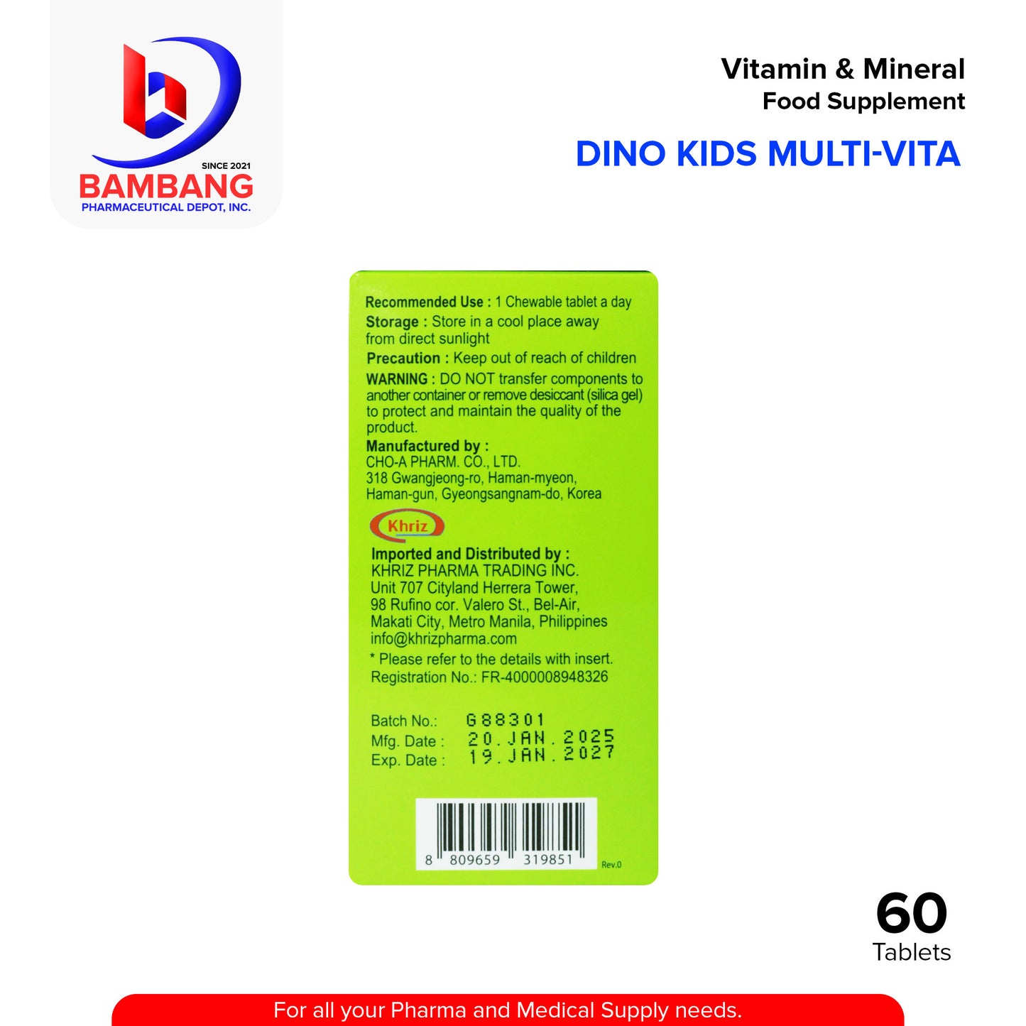 DINO KIDS Multi-Vita 11 Kinds of Vitamin & Mineral Balance Food Supplement Blueberry Flavored Chewable Tablet 60's