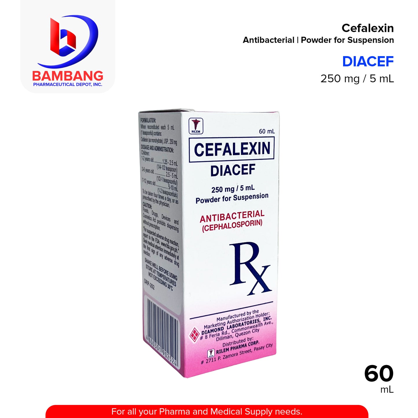 DIACEF Cefalexin Antibacterial Cephalosporin 250 mg / 5ml Powder for Suspension 60mL