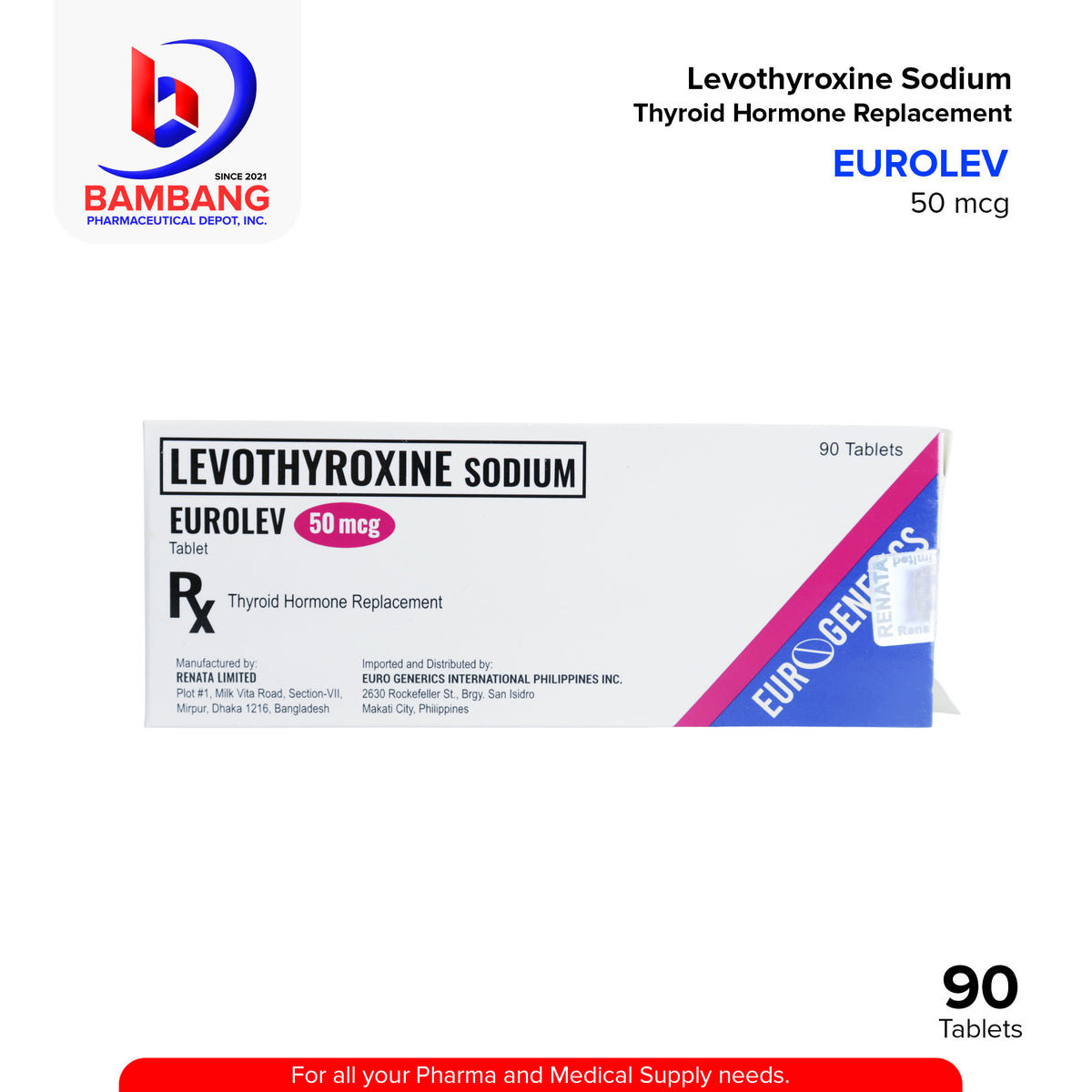 Eurolev EUROLEV Levothyroxine Sodium Thyroid Hormone Replacement 50mcg Tablet ...