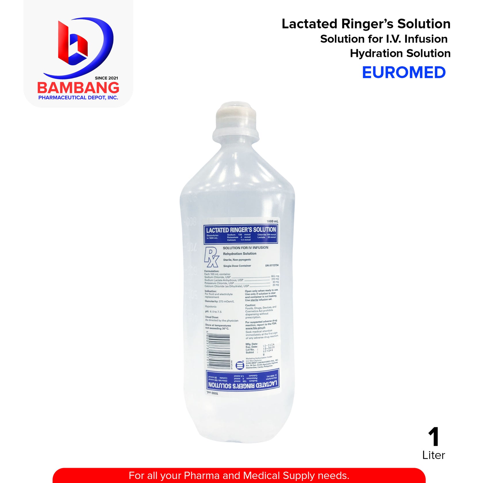 EUROMED Lactated Ringers Solution for IV Infusion Plain Lr Navy Blue 1 ...