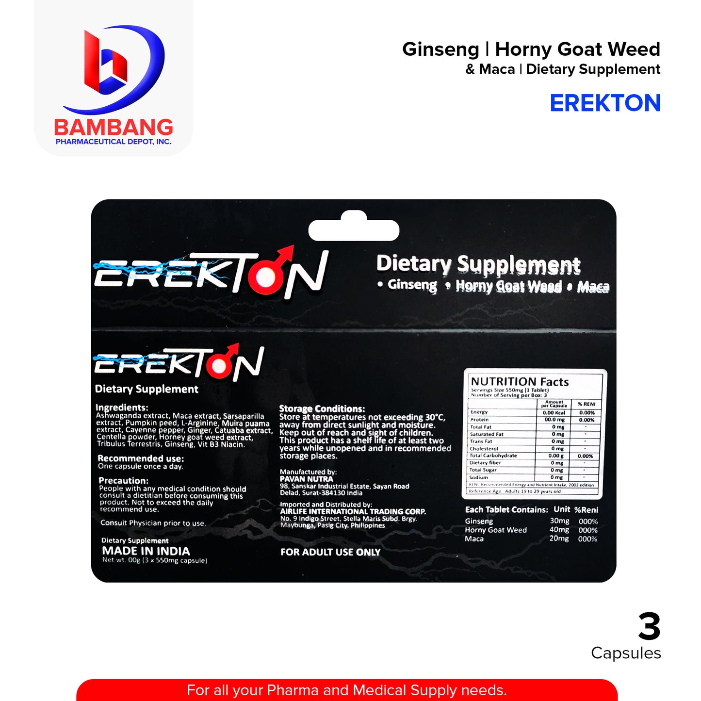 EREKTON Dietary Supplements Ginseng Horny Goat Weed Maca Capsule 3's Enhance stamina boost energy