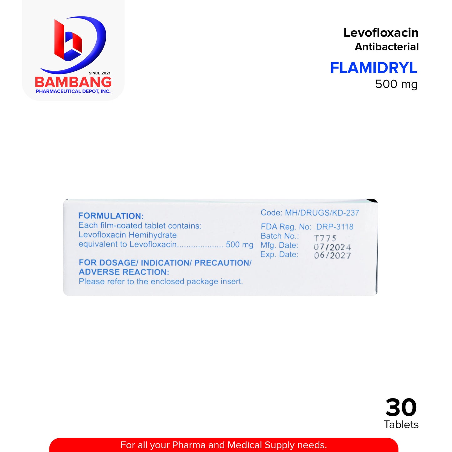 FLAMIDRYL Levofloxacin Antibacterial 500mg Film-Coated Tablet 30's