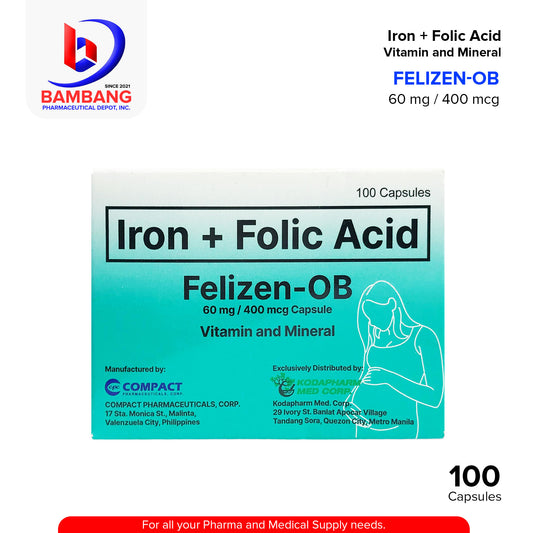 FELIZEN-OB Iron + Folic Acid Vitamin and Mineral 60 mg / 400 mcg Capsule 100's