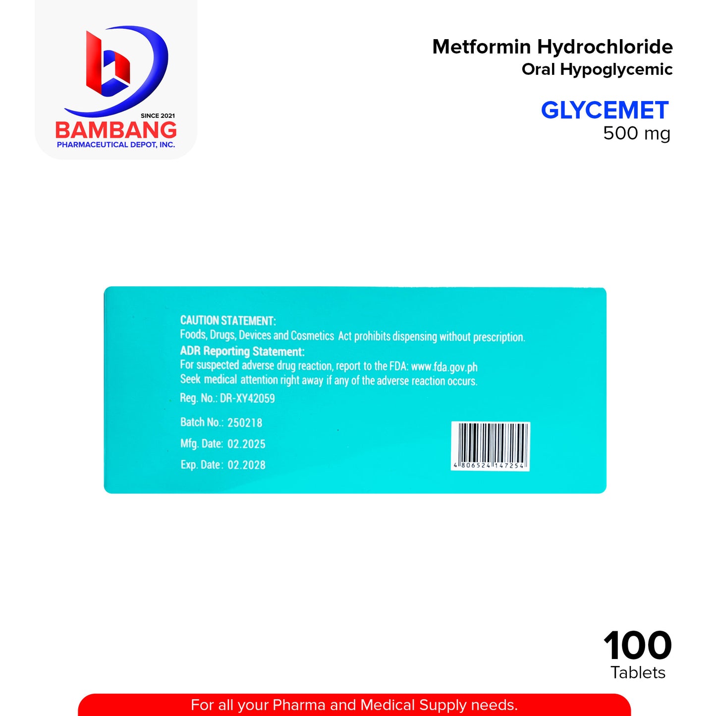 GLYCEMET Metformin Hydrochloride 500mg FC Oral Hypoglycemic Tablets 100's