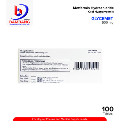 GLYCEMET Metformin Hydrochloride 500mg FC Oral Hypoglycemic Tablets 100's