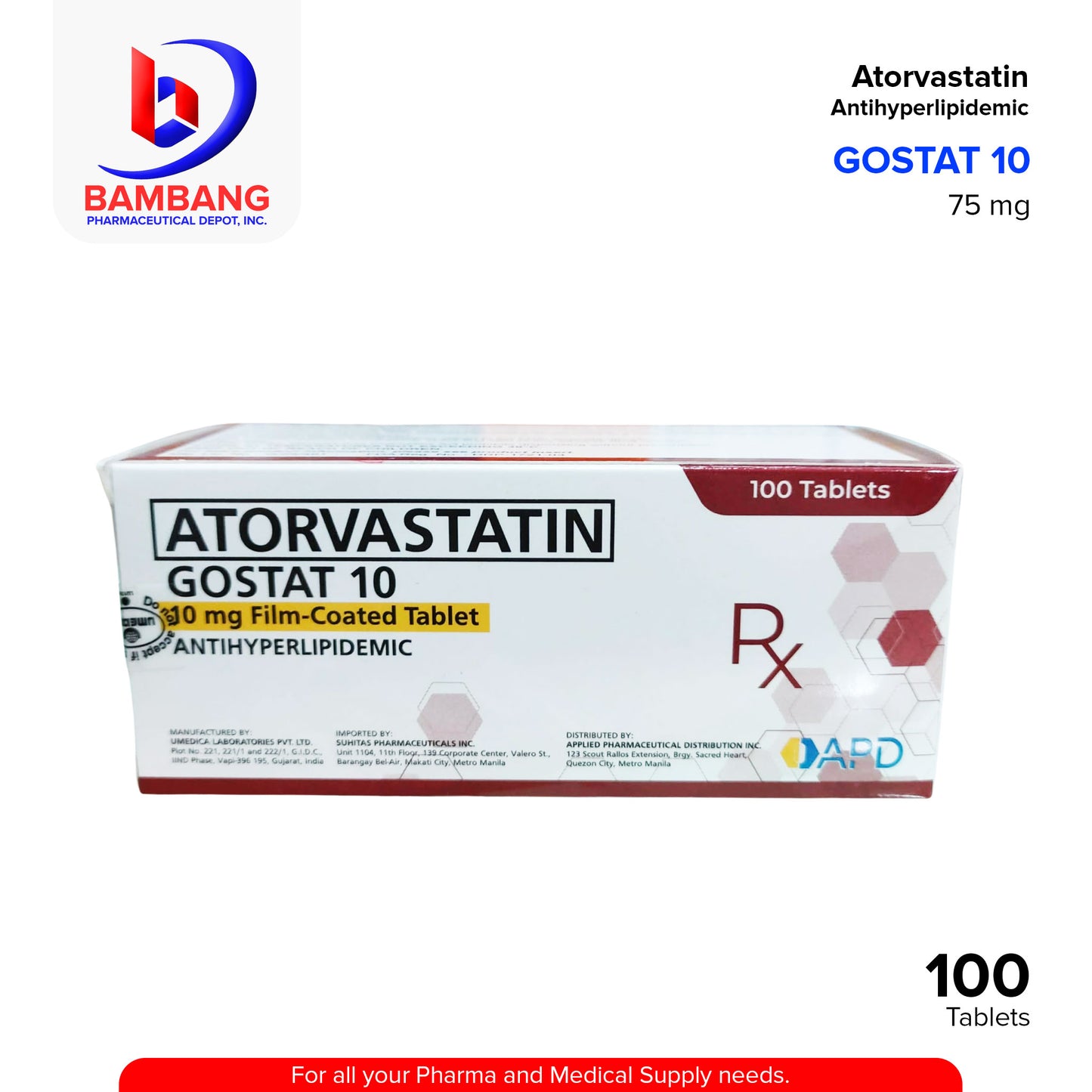 GOSTAT 10 Atorvastatin Antihyperlipidemic 10 mg Tablet 100's