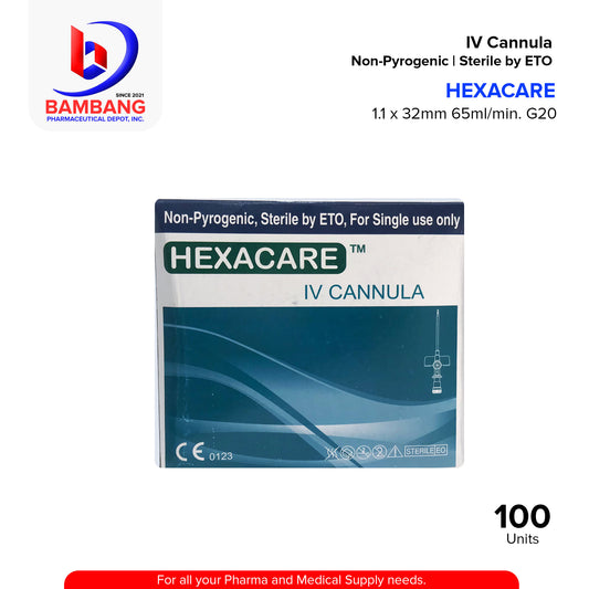 HEXACARE IV Cannula With Wings And Injection Port 1.1 x 32mm 65ml/min 20g 100's