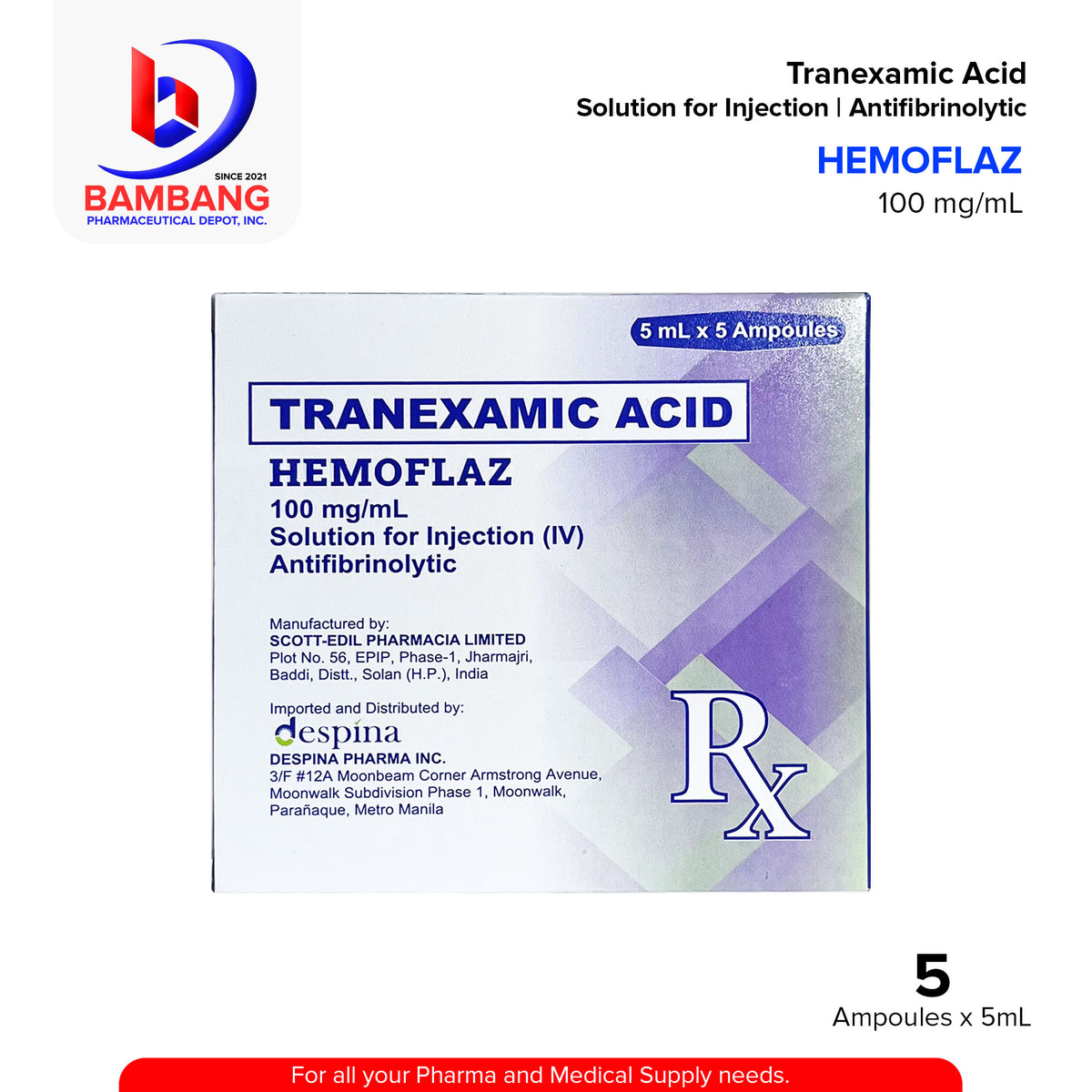 HEMOFLAZ Tranexamic Acid 100mg/ml Solution For Injection 5ml x Ampoule ...