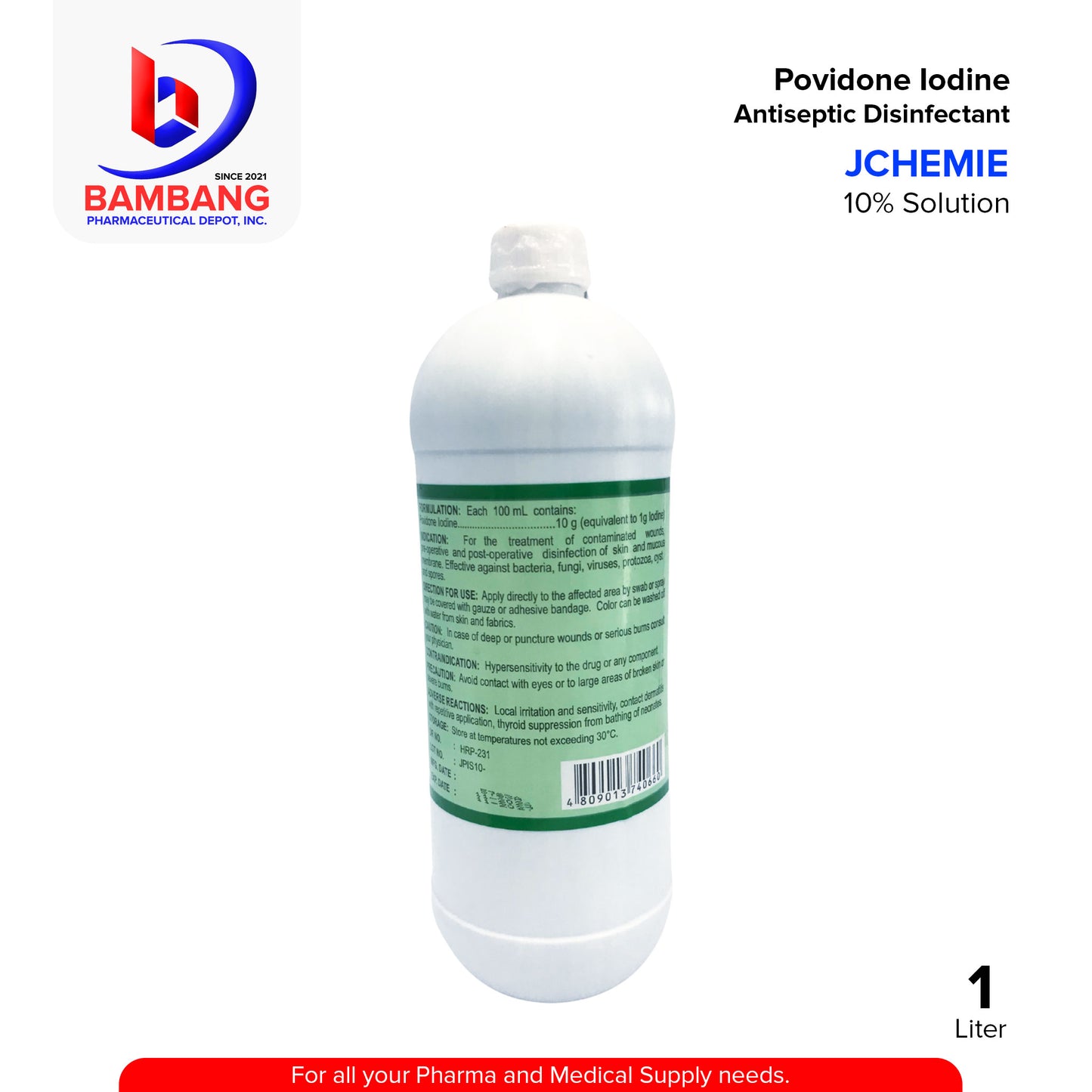 J CHEMIE Povidone Iodine 10% Solution Antiseptic Disinfectant 1 Liter