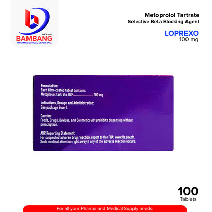 LOPREXO Metoprolol Tartrate Selective Beta Blocking Agent 100 mg Film Coated Tablet 100's