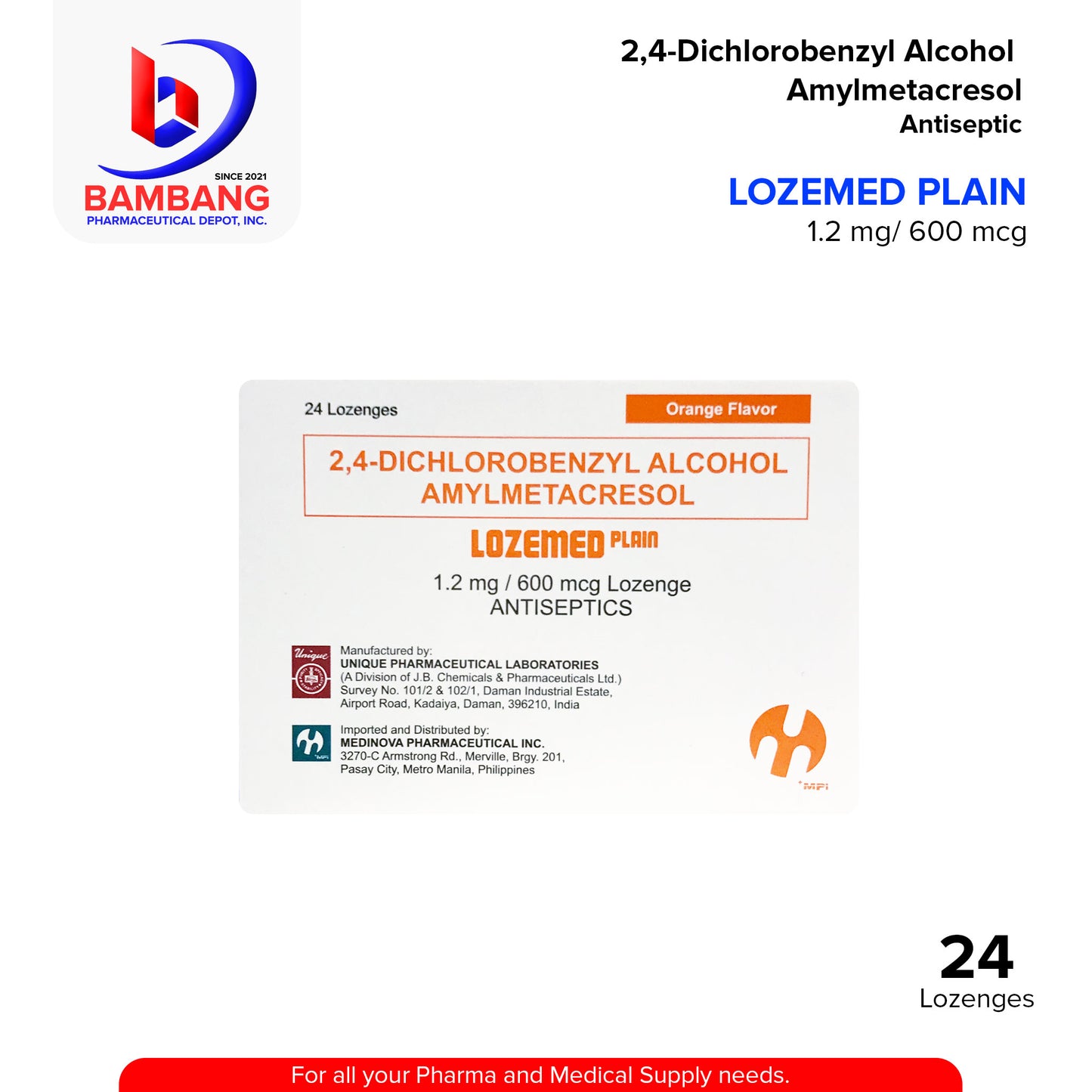 LOZEMED 2,4 Dichlorobenzyl Alcohol Amylmetacresol Plain 1.2mg/600mcg Antiseptics Orange Flavor Lozenges 24's