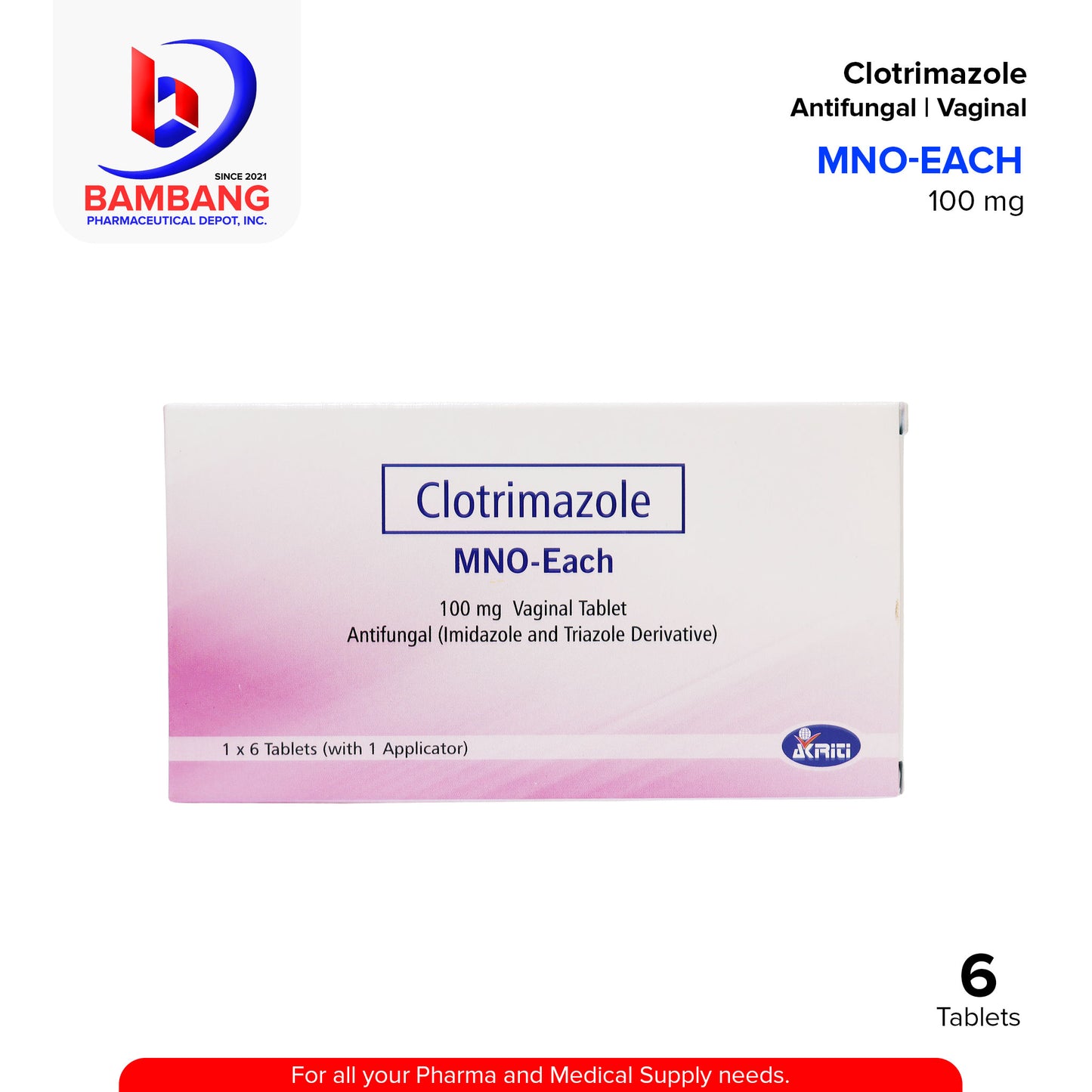 MNO-EACH Clotrimazole 100mg Vaginal Antifungal (Imidazole And Triazole Derivative) With 1 Applicator | Tablet 6's