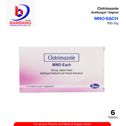 MNO-EACH Clotrimazole 100mg Vaginal Antifungal (Imidazole And Triazole Derivative) With 1 Applicator | Tablet 6's