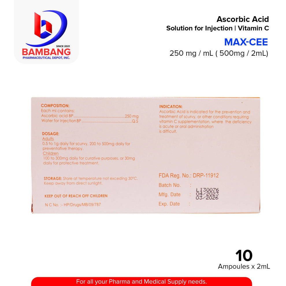 MAX-CEE Ascorbic Acid Solution for Injection Vitamin C 250 mg / mL ( 5 ...